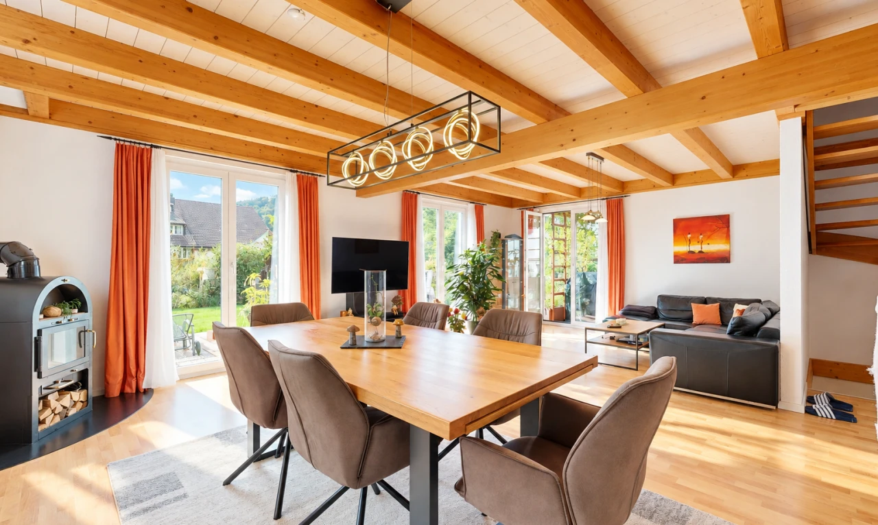 living / dining room with beamed ceiling, access to exterior, and light wood-style flooring