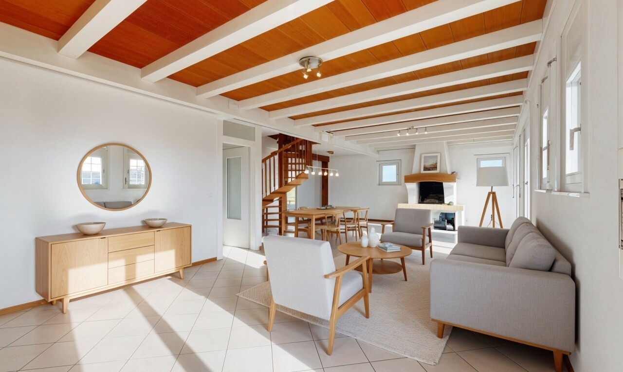 salon avec inside property, drywall, cloison sèche, escaliers, et natural light