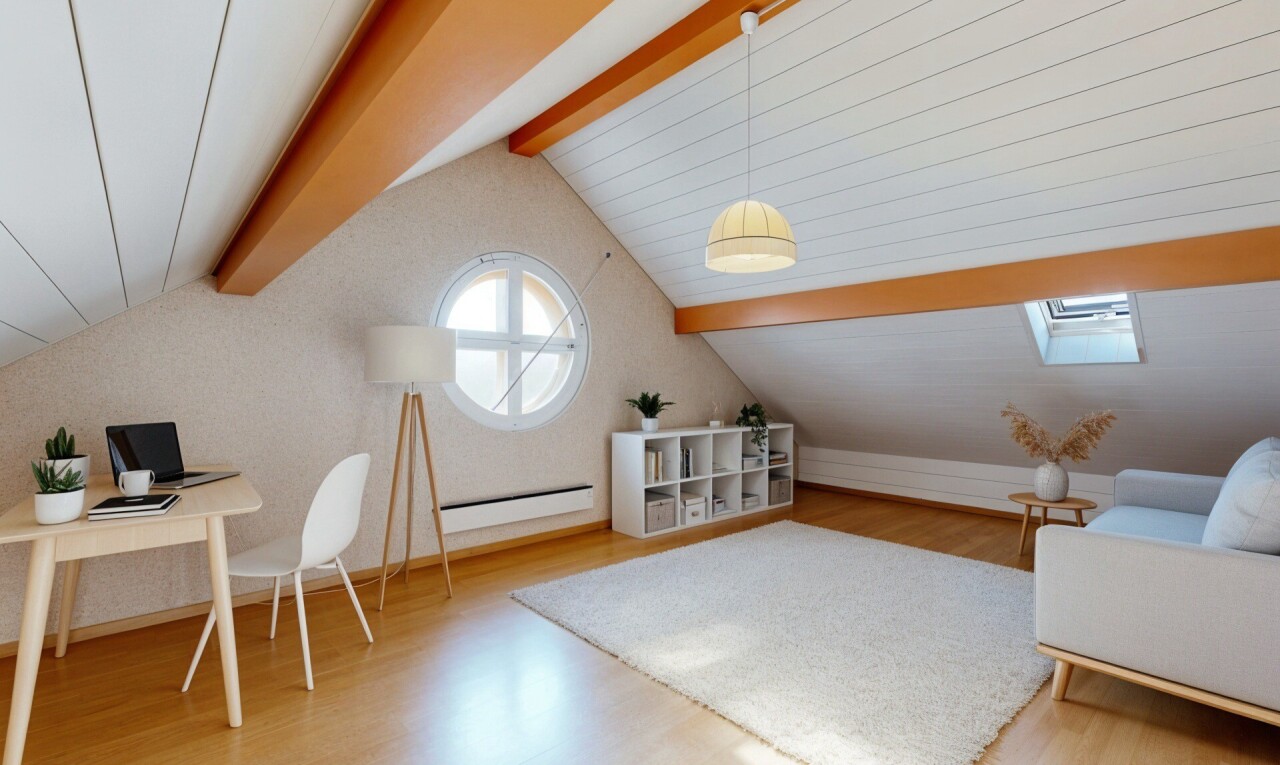 salon avec low ceiling, plafond bas, wood finish floor, sol en finition bois, et vaulted ceiling