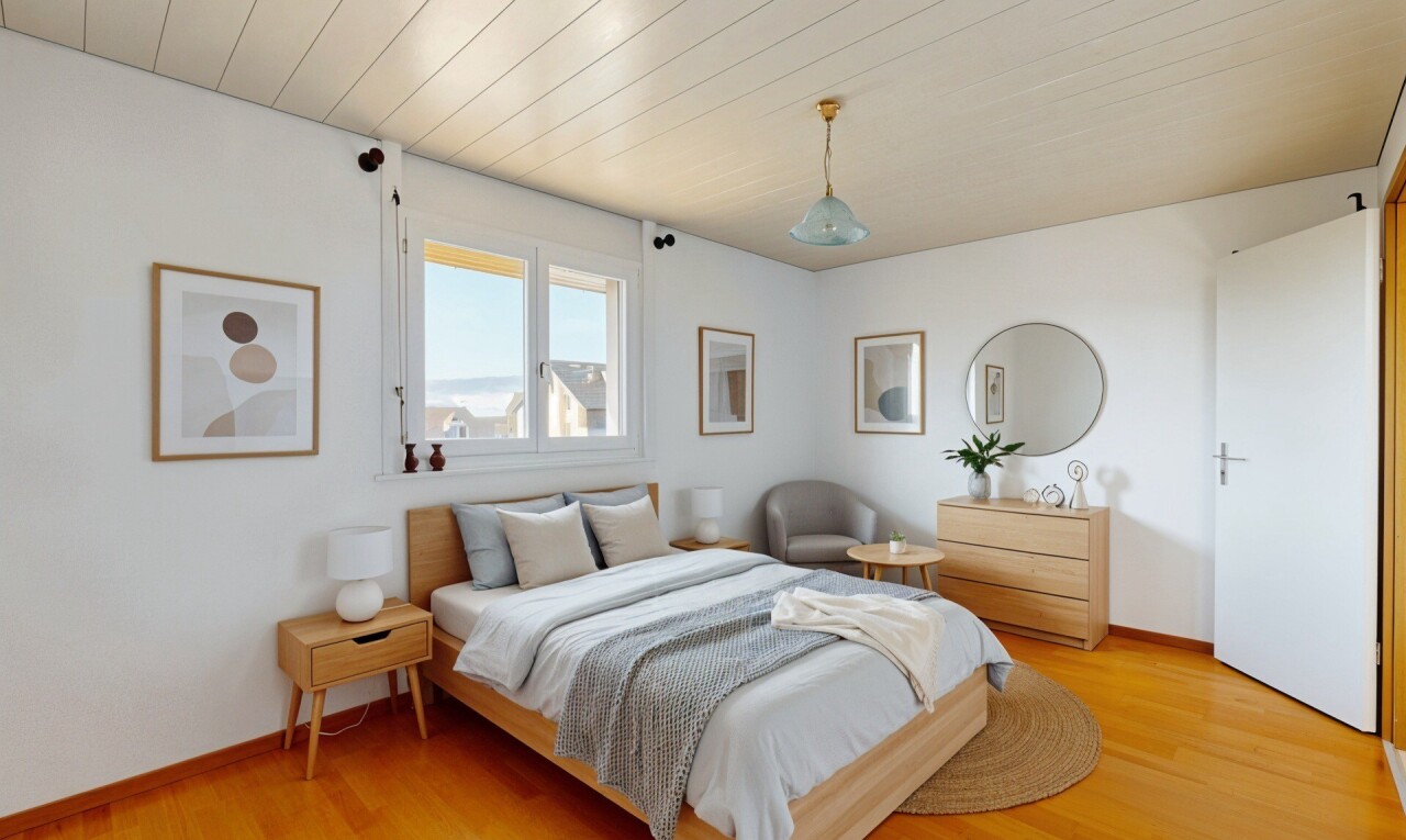 chambre avec virtually staged, day time, inside property, plafond en bois, et wood ceiling