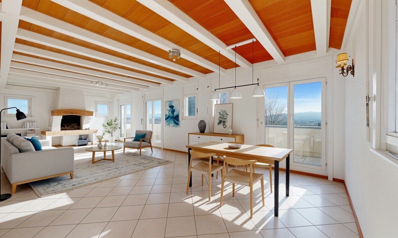 salon / salle à manger avec day time, inside property, plafond à poutres, beamed ceiling, et virtually staged
