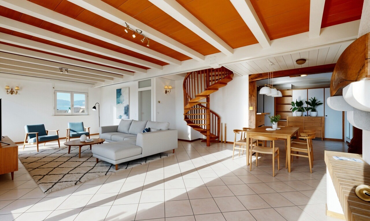 salon / salle à manger avec inside property, escaliers, plafond à poutres, beamed ceiling, et plafond en bois