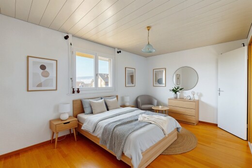chambre avec virtually staged, day time, inside property, plafond en bois, et wood ceiling