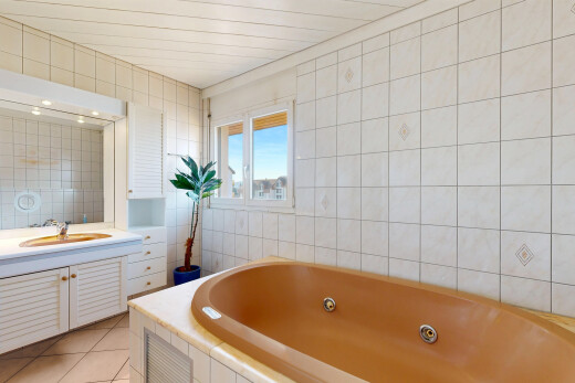 salle de bains avec day time, salle de bain complète, mur en carrelage, tile wall, et lumière naturelle