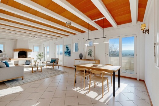 salon / salle à manger avec day time, inside property, plafond à poutres, beamed ceiling, et virtually staged
