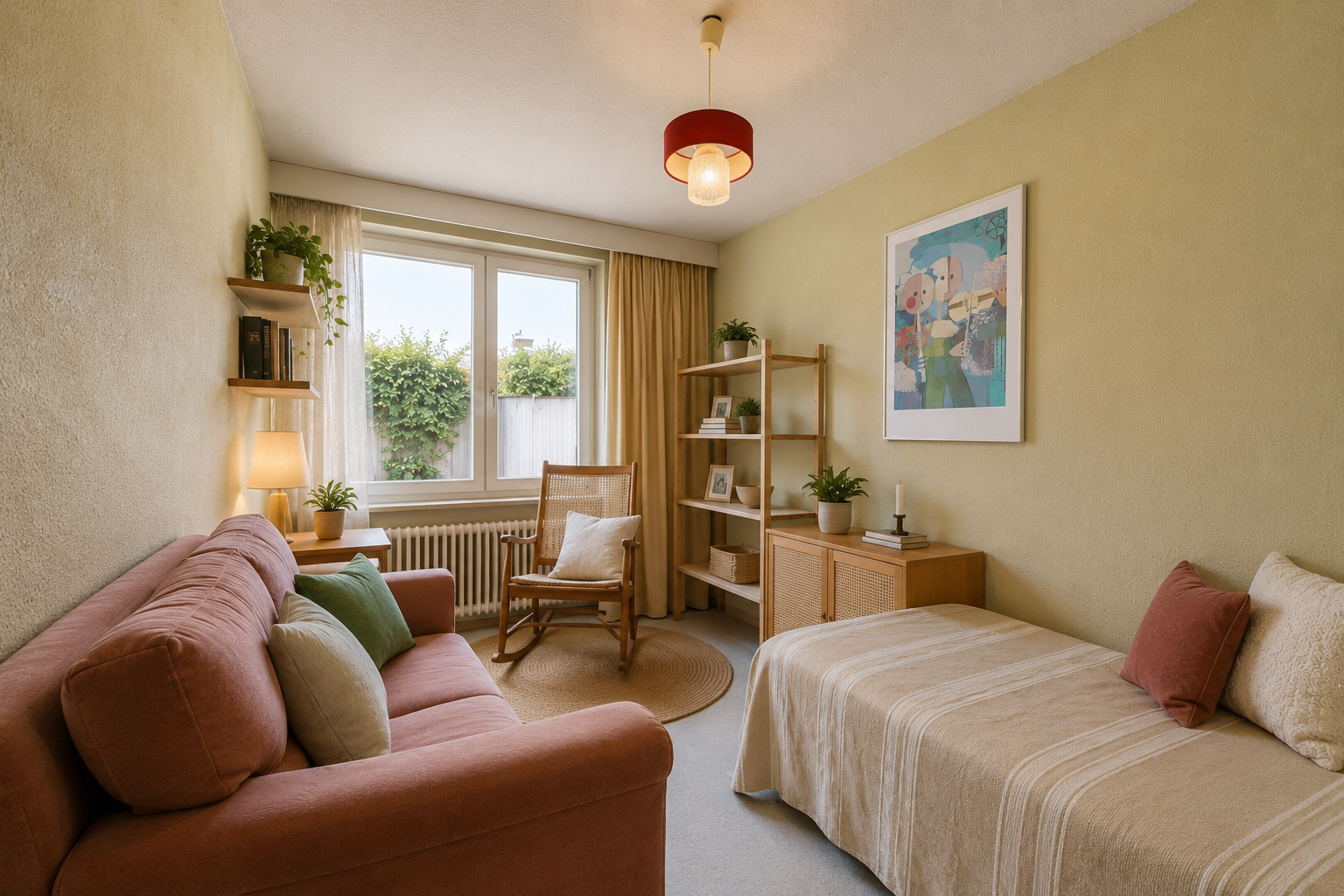 zimmer / schlafzimmer mit kühler, carpet, teppich, inside property, und pendelleuchte