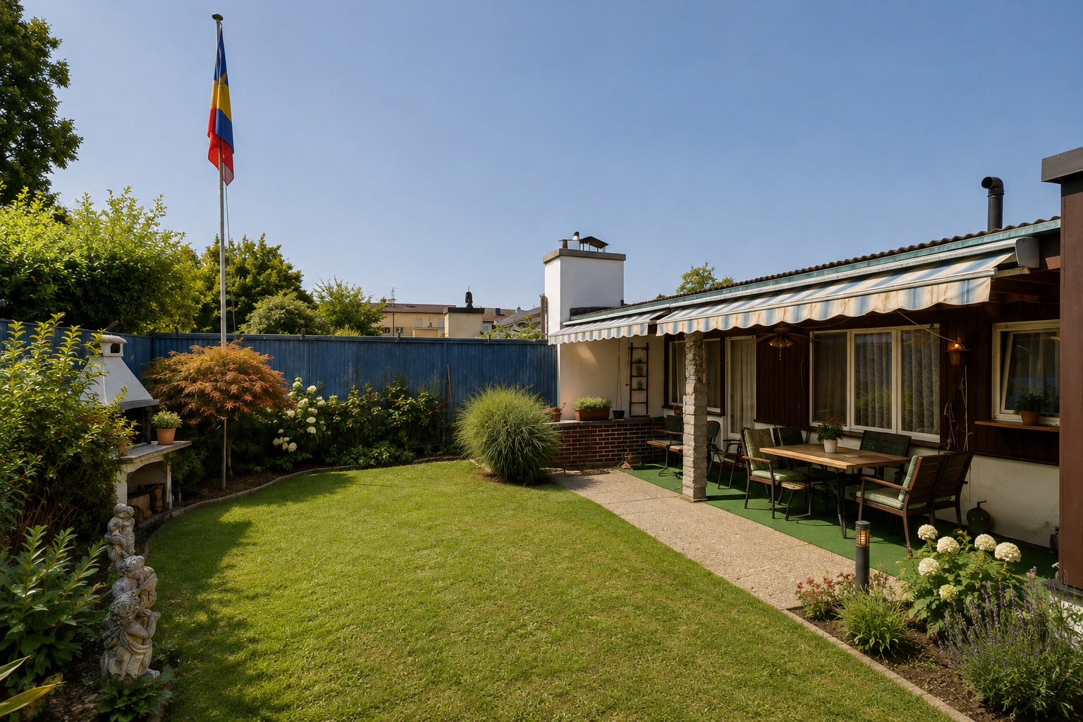 garten mit from property, zaun, markise, rasen, und terrasse