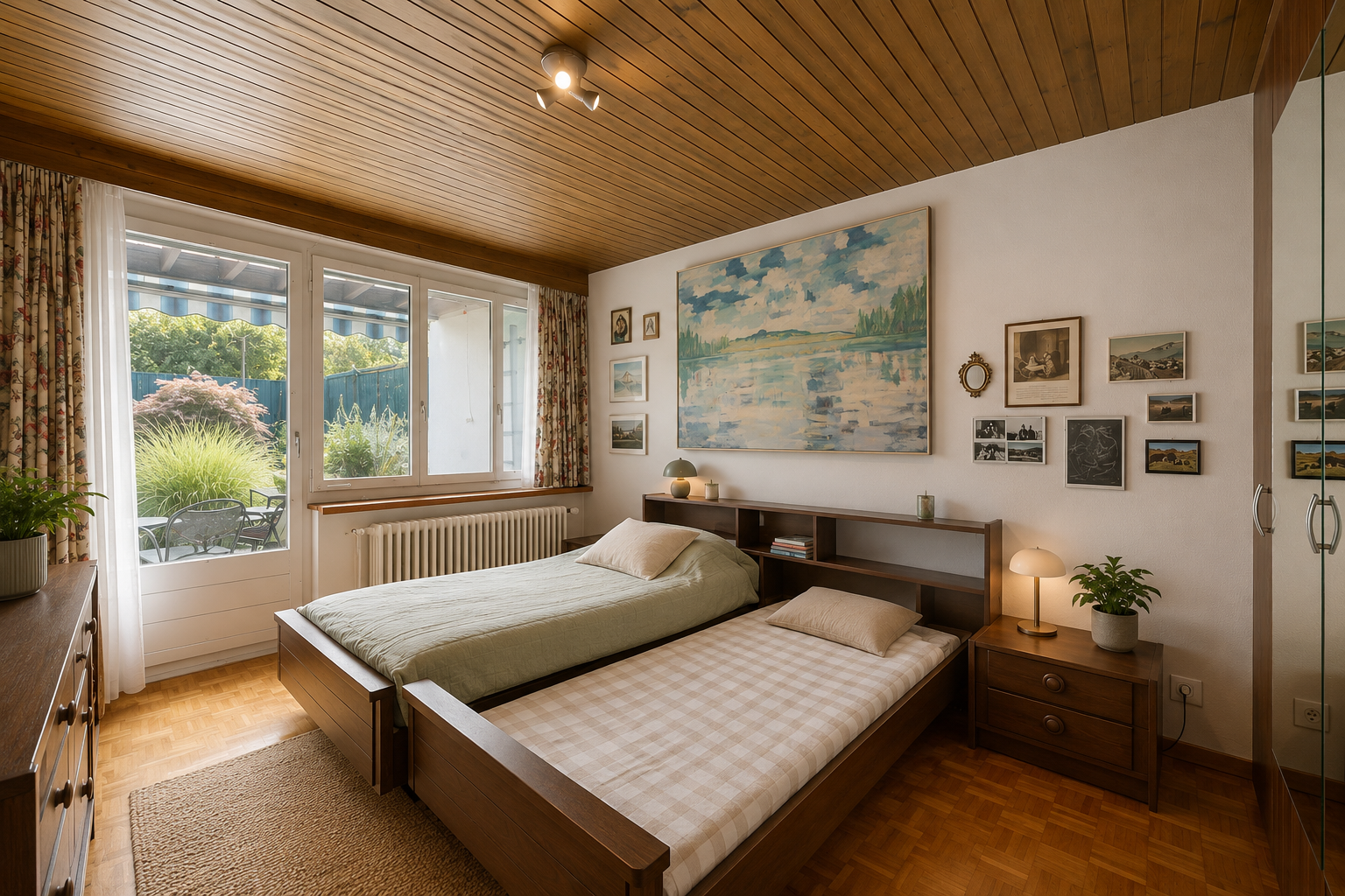 zimmer / schlafzimmer mit wood ceiling, holzdecke, wood finish floor, holzfußboden, und kühler