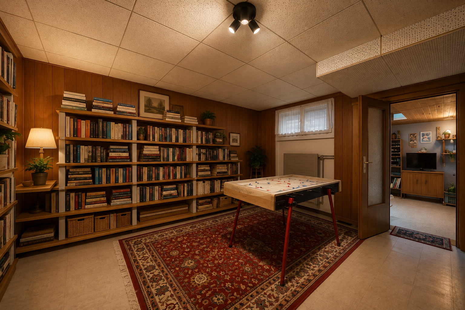 büro mit wood wall, holzwand, dated wood wall, low ceiling, und niedrige decke