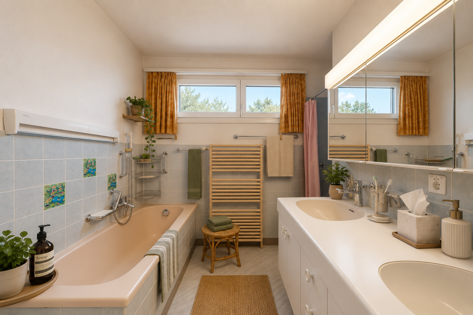 bad mit komplettes badezimmer, bad, fliesenwand, tile wall, und waschbecken