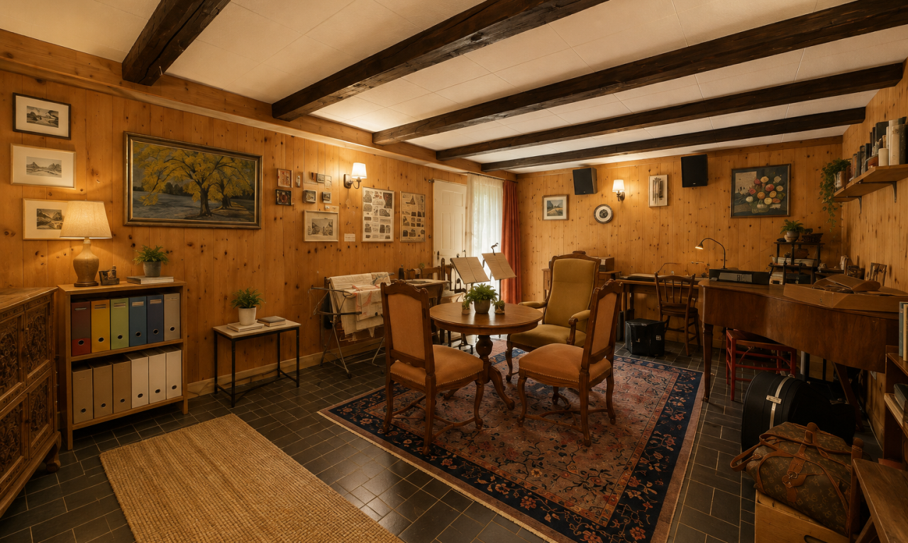esszimmer mit holzwand, wood wall, dated wood wall, balkendecke, und beamed ceiling