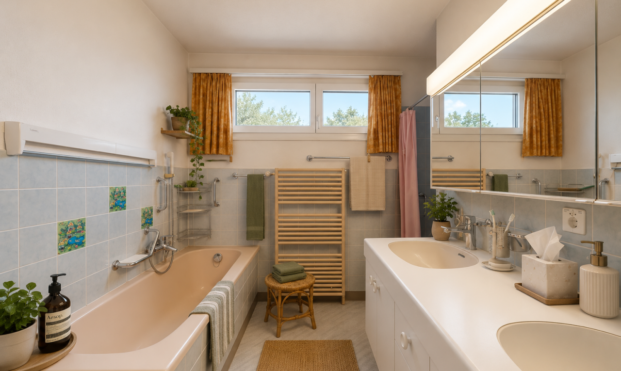 bad mit komplettes badezimmer, bad, fliesenwand, tile wall, und waschbecken