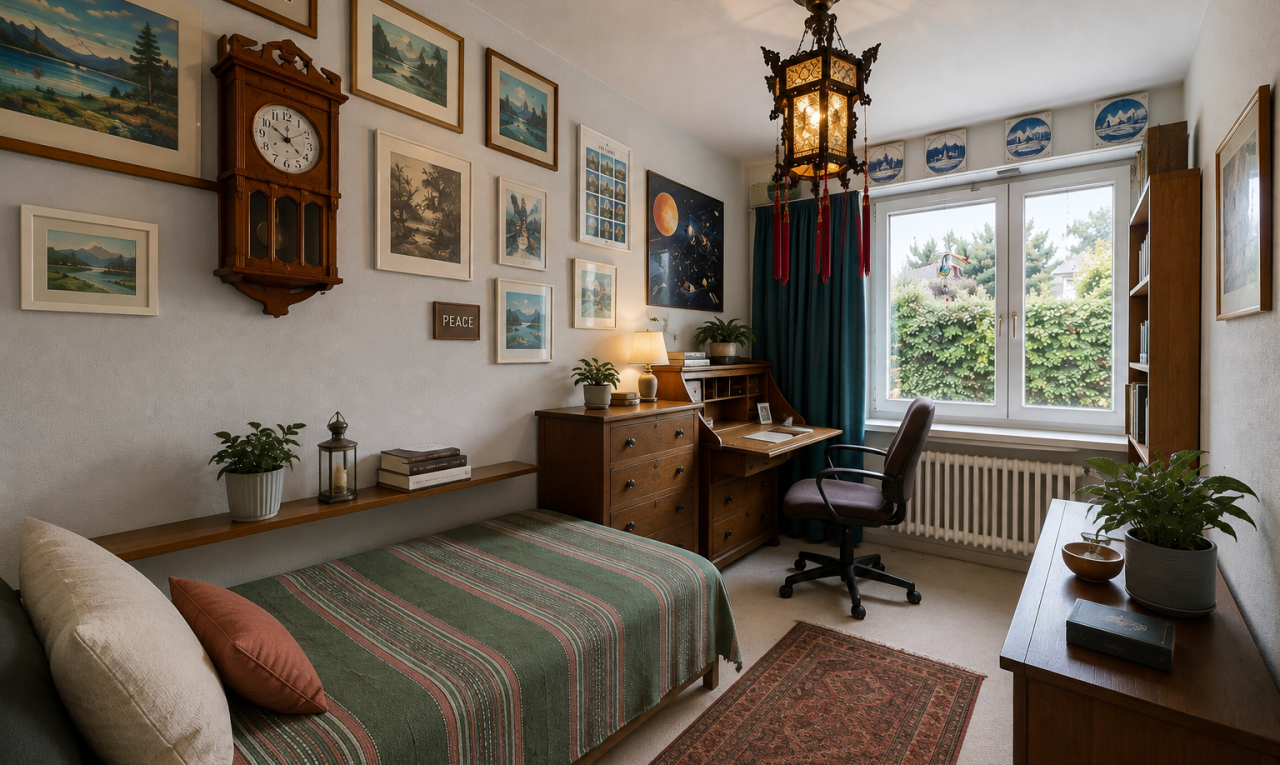 zimmer / schlafzimmer mit kühler, bürobereich, teppich, carpet, und inside property