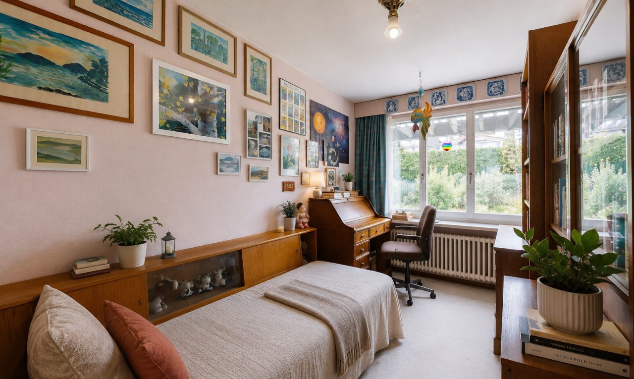 zimmer / schlafzimmer mit kühler, bürobereich, teppich, carpet, und gipskartonwand