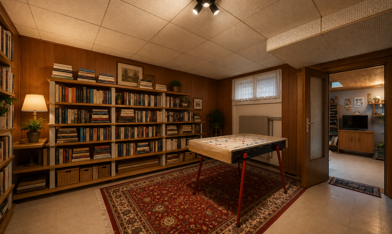büro mit wood wall, holzwand, dated wood wall, low ceiling, und niedrige decke