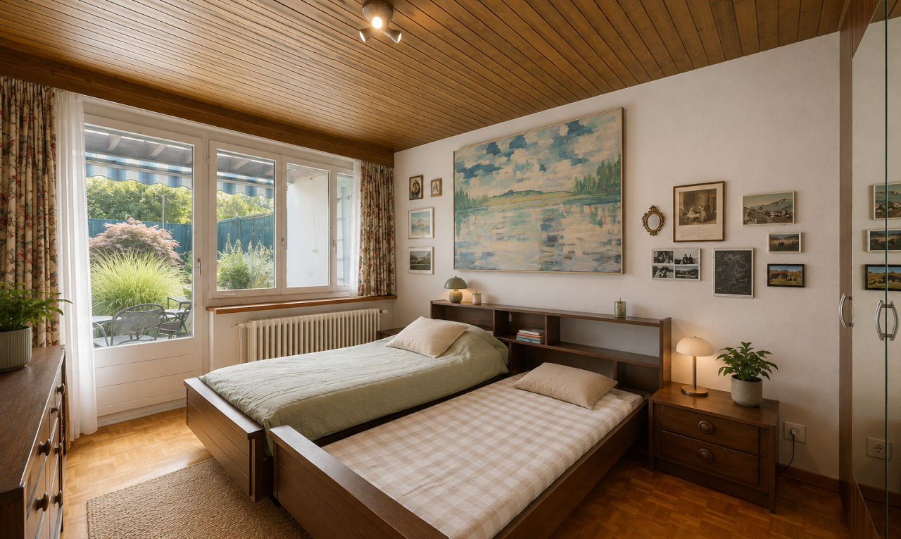 zimmer / schlafzimmer mit wood ceiling, holzdecke, wood finish floor, holzfußboden, und kühler