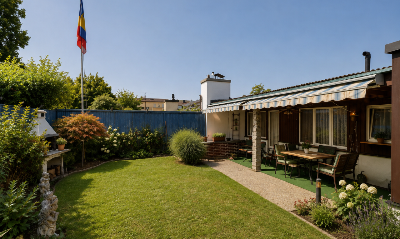 garten mit from property, zaun, markise, rasen, und terrasse