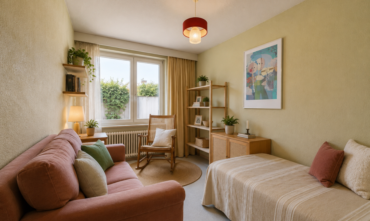 zimmer / schlafzimmer mit kühler, carpet, teppich, inside property, und pendelleuchte