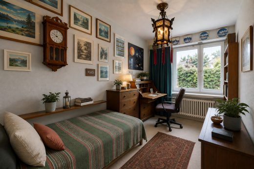 chambre avec radiateur, espace bureau, moquette, carpet, et inside property