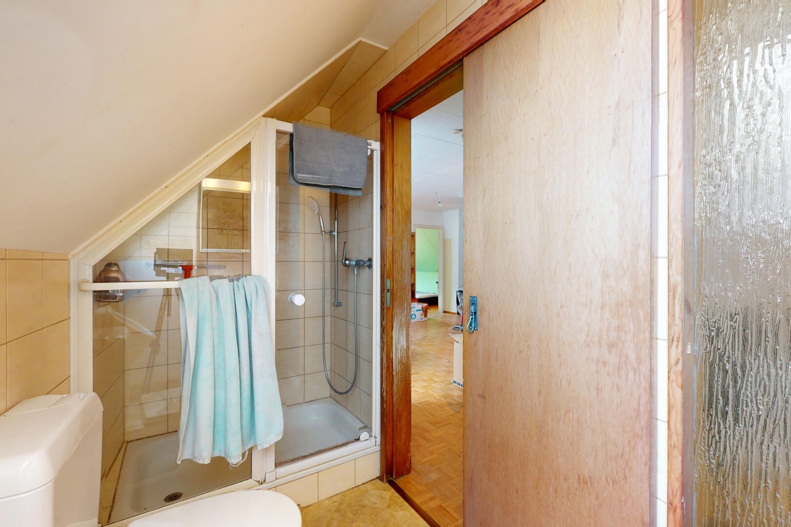 salle de bains avec plafond voûté, vaulted ceiling, douche, plafond bas, et low ceiling