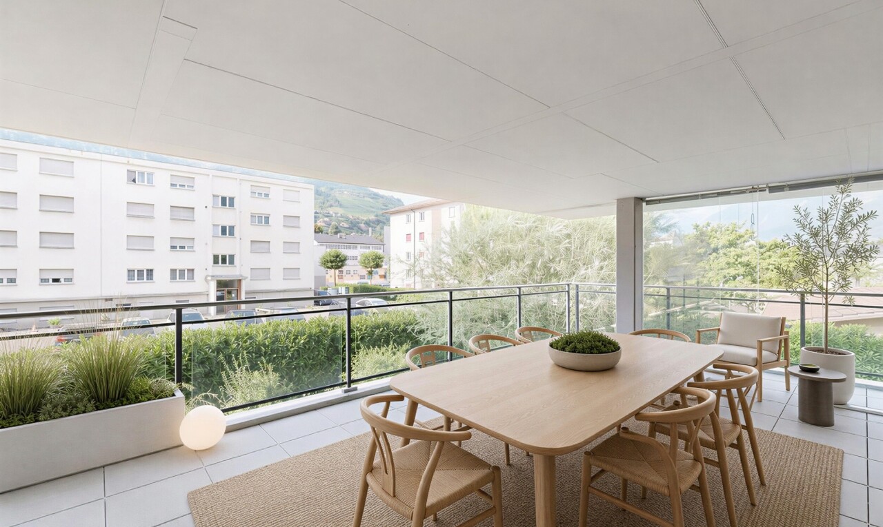 terrasse avec terrasse, coin repas extérieur, apartment complex view, view focus, et from property