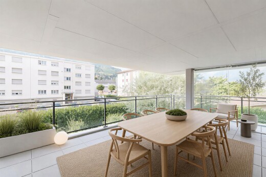 terrasse avec terrasse, coin repas extérieur, apartment complex view, view focus, et from property