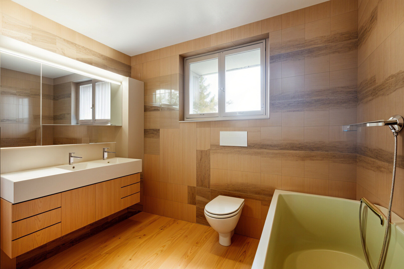 salle de bains avec lumière naturelle, miroir, meuble-lavabo, plancher de bois, et mur carrelé