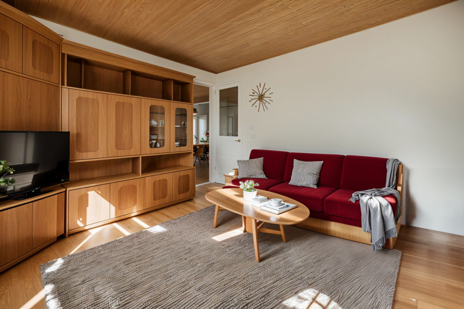 salon avec plafond de bois, télévision, et plancher de bois
