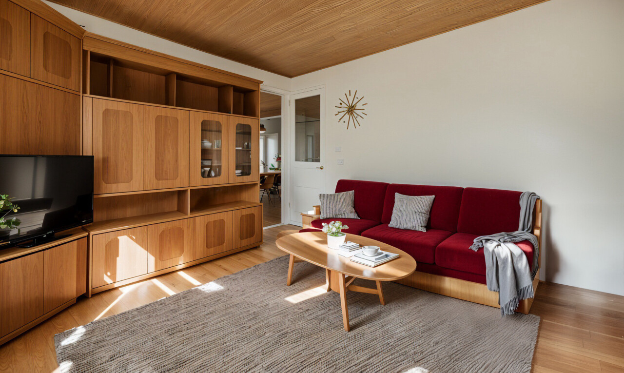 salon avec plafond de bois, télévision, et plancher de bois