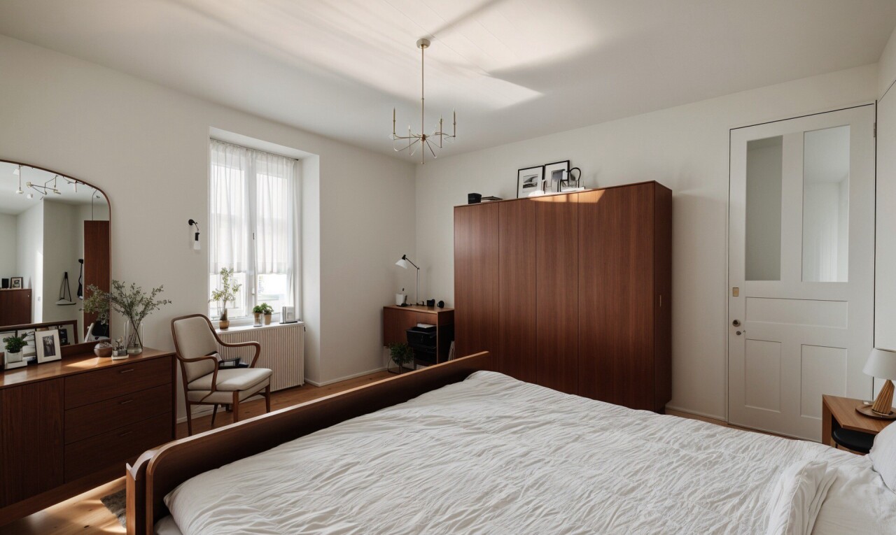 chambre avec lustre et lumière naturelle