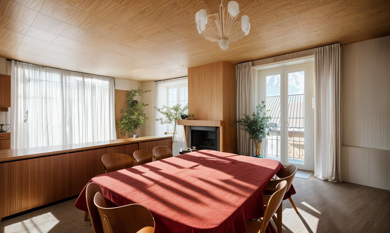 salle à manger avec cheminée, lumière naturelle, et moquette