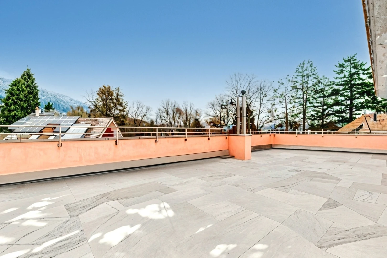 patio / terrace with a mountain view
