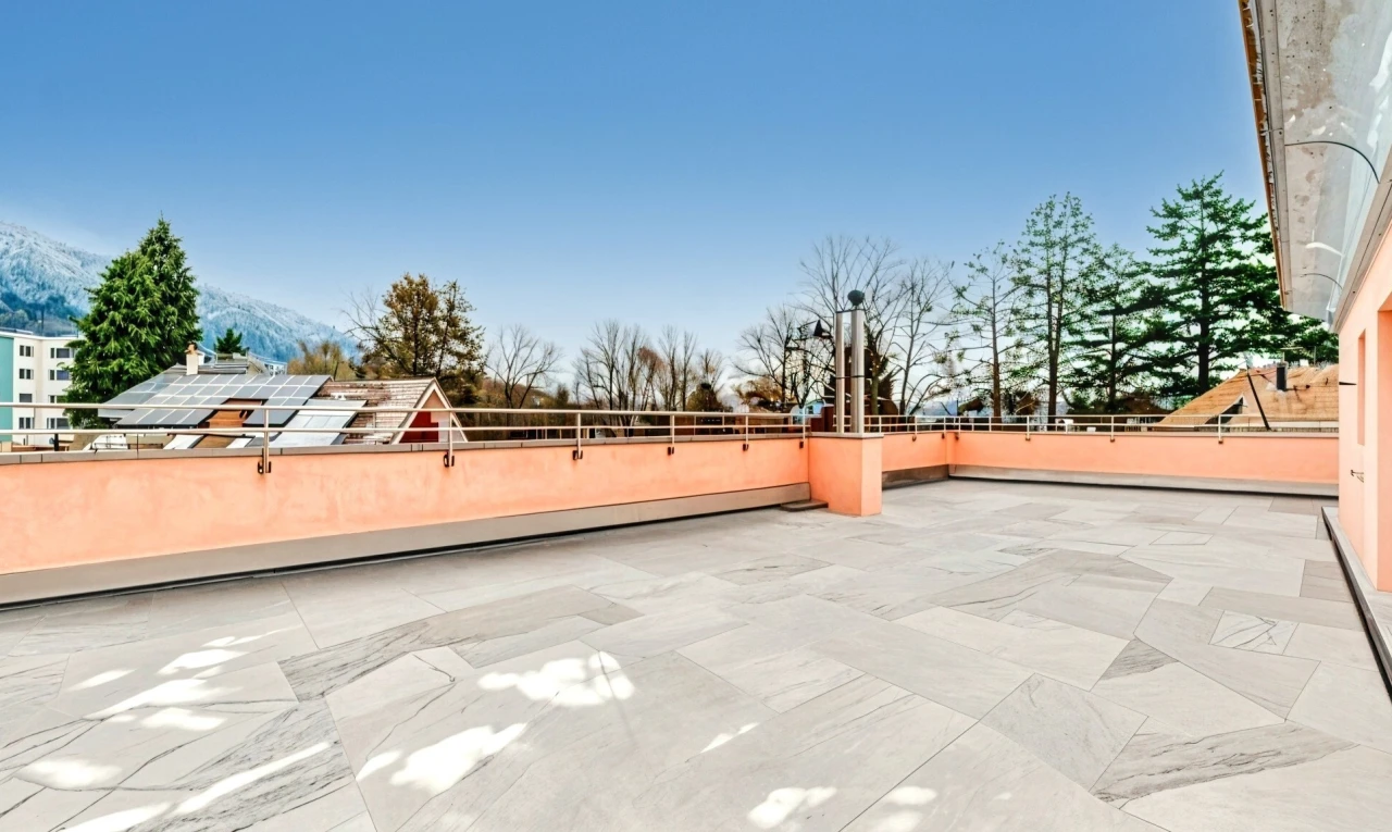 patio / terrace with a mountain view