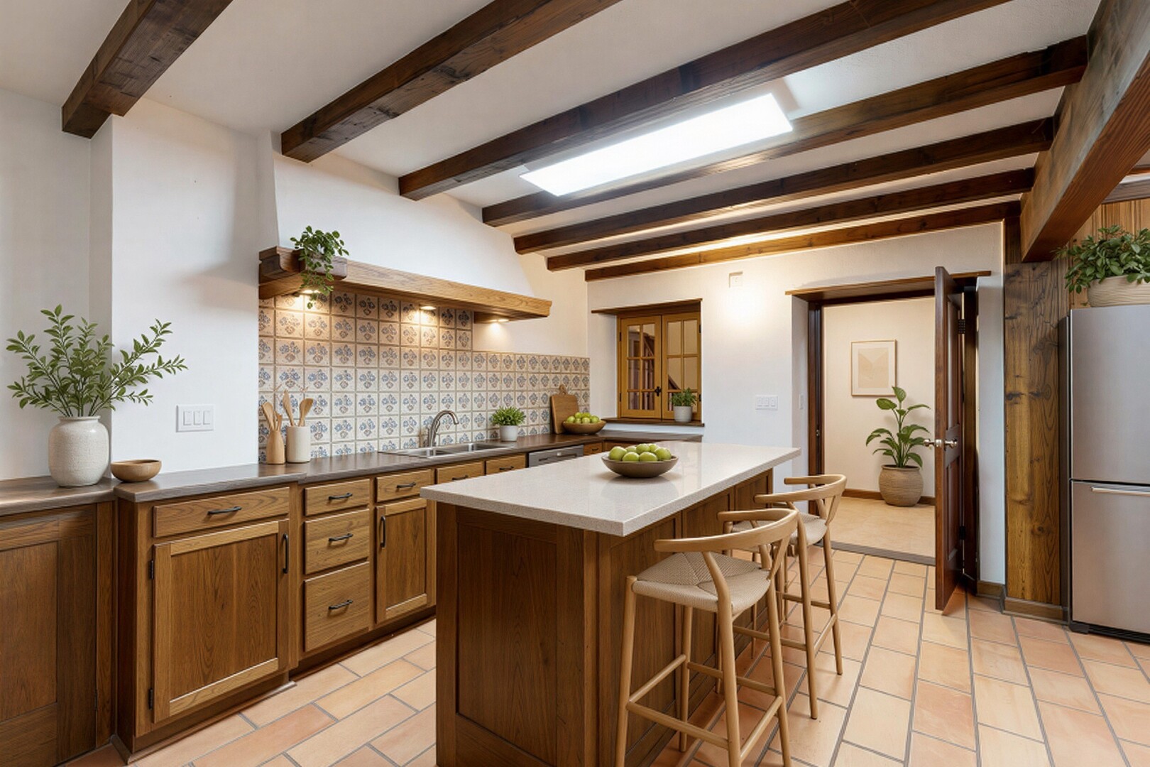 cuisine avec plafond à poutres, beamed ceiling, high end ceiling, télévision, et light floor