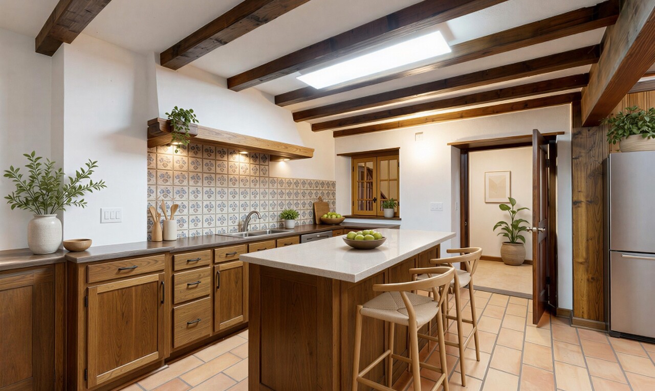 cuisine avec plafond à poutres, beamed ceiling, high end ceiling, télévision, et light floor