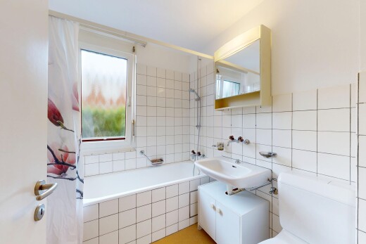 bad mit komplettes badezimmer, natürliches licht, natural light, spiegel, und kombiniertes bad / dusche