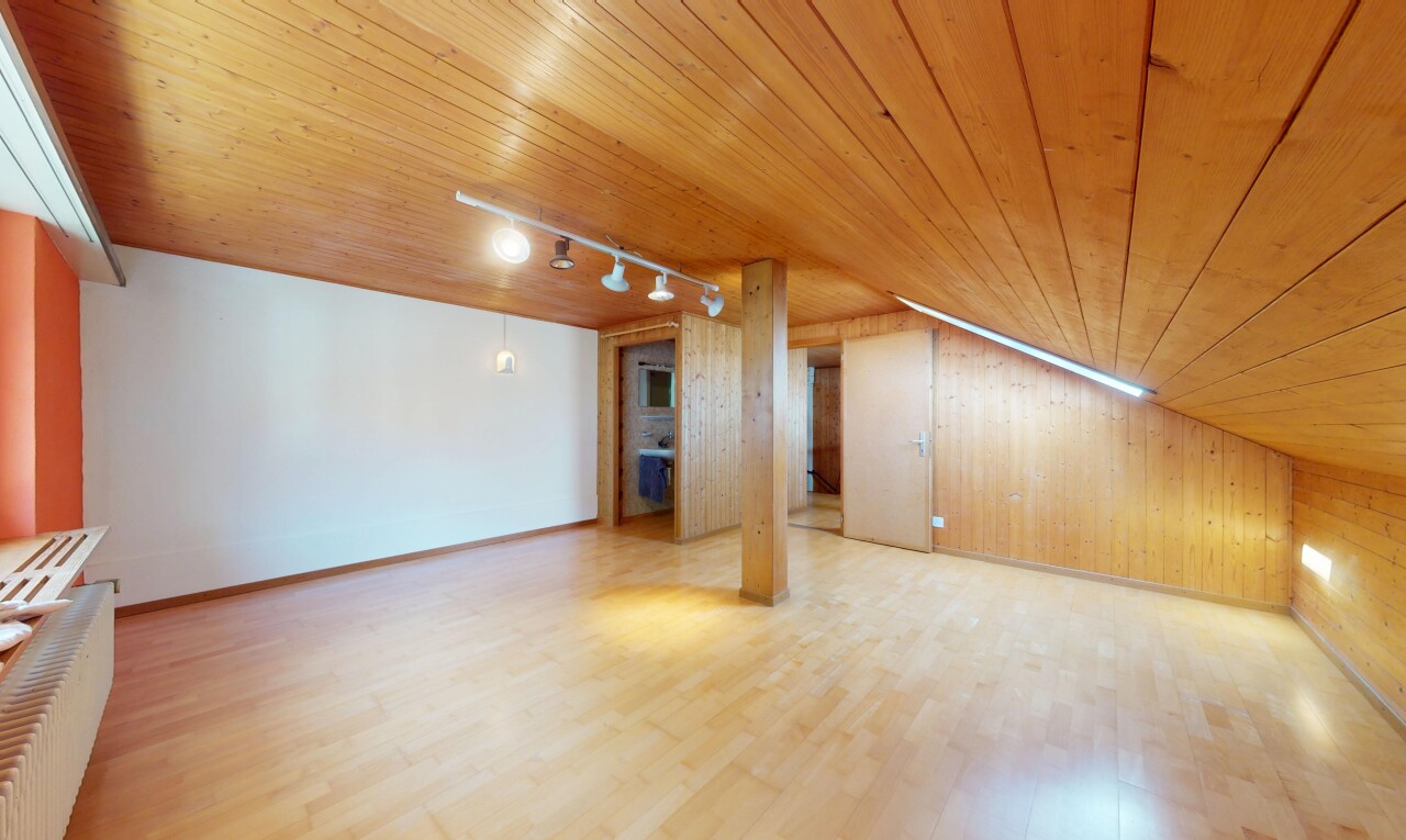 pièce vide avec track lighting, éclairage sur rail, wood wall, mur en bois, et sous-sol