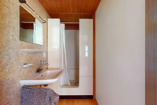 salle de bains avec miroir, inside property, sol en finition bois, wood finish floor, et évier