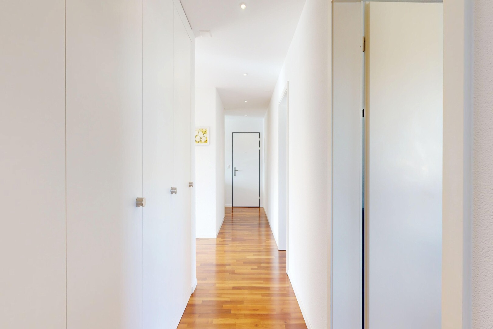 halle / korridor mit holzfußboden, wood finish floor, inside property, und light floor