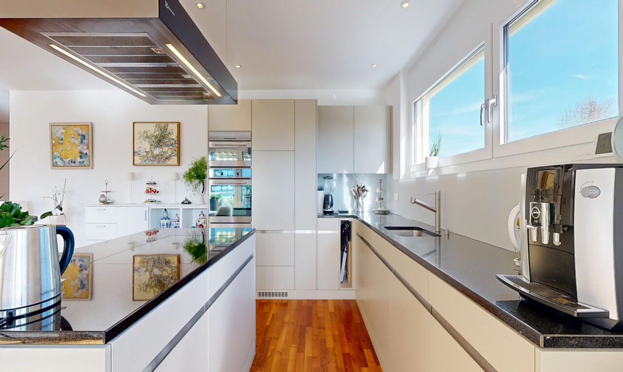 küche mit dunstabzugshaube, dark countertops, inside property, wood finish floor, und holzfußboden