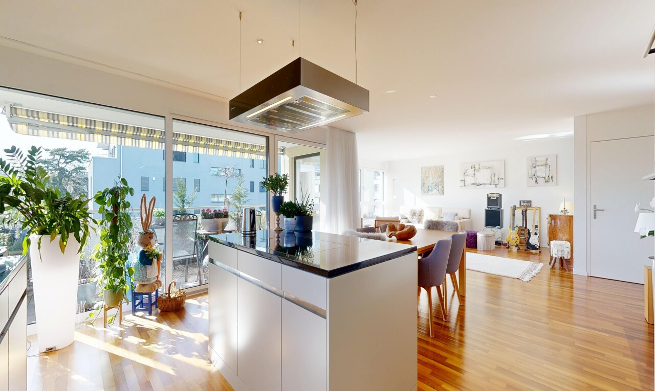 küche mit schränke mit flachen paneelen, flat panel cabinets, arbeitsplatten, dark countertops, und inside property