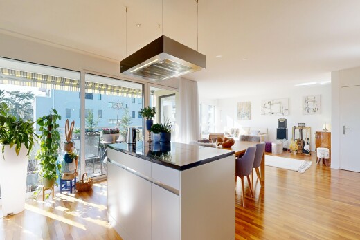 küche mit schränke mit flachen paneelen, flat panel cabinets, arbeitsplatten, dark countertops, und inside property