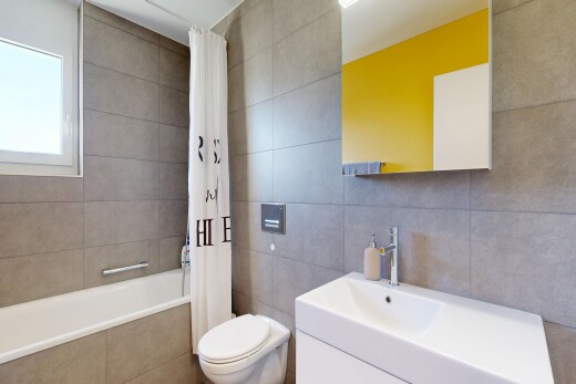 bad mit spiegel, fliesenwand, tile wall, schminktisch, und inside property