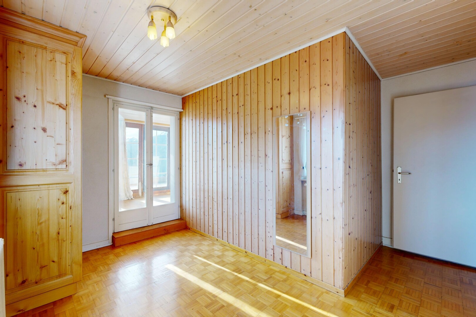 leerer raum mit holzfußboden, wood finish floor, parquet floor, holzdecke, und wood ceiling