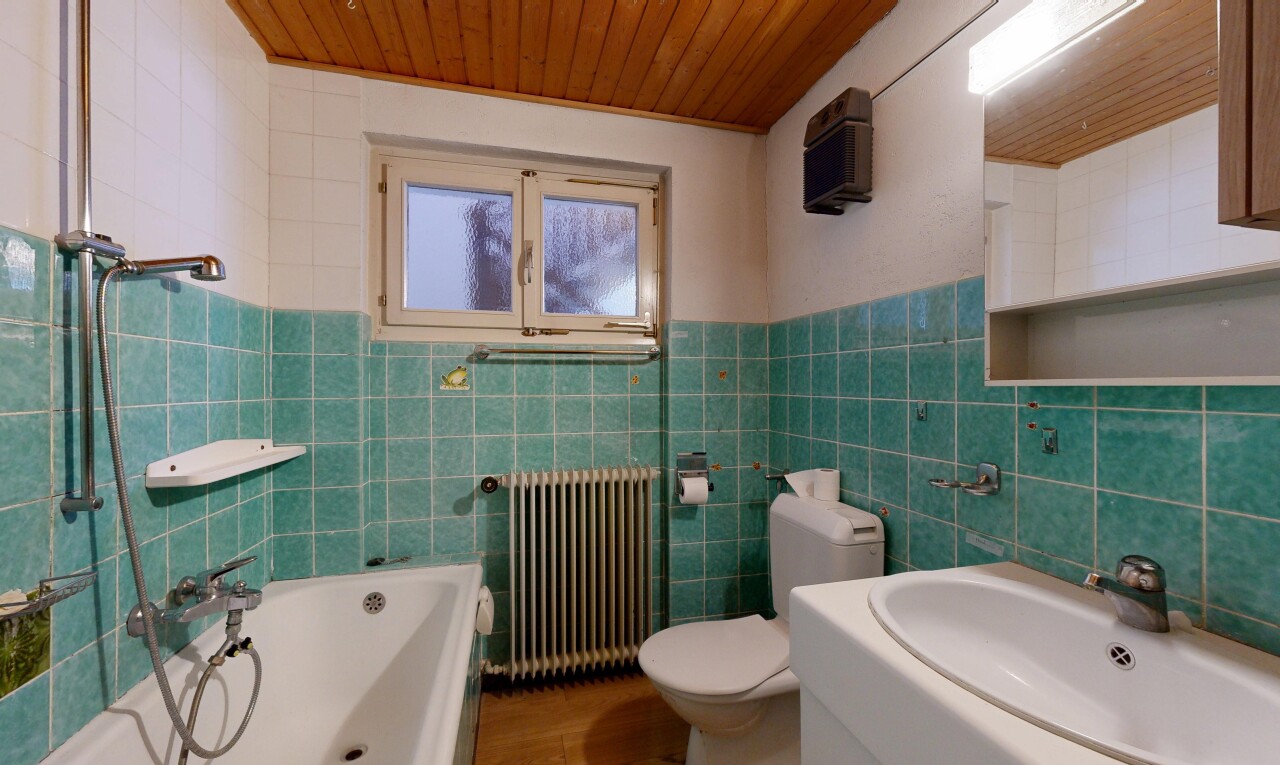 bad mit wood ceiling, holzdecke, toilette, kühler, und komplettes badezimmer