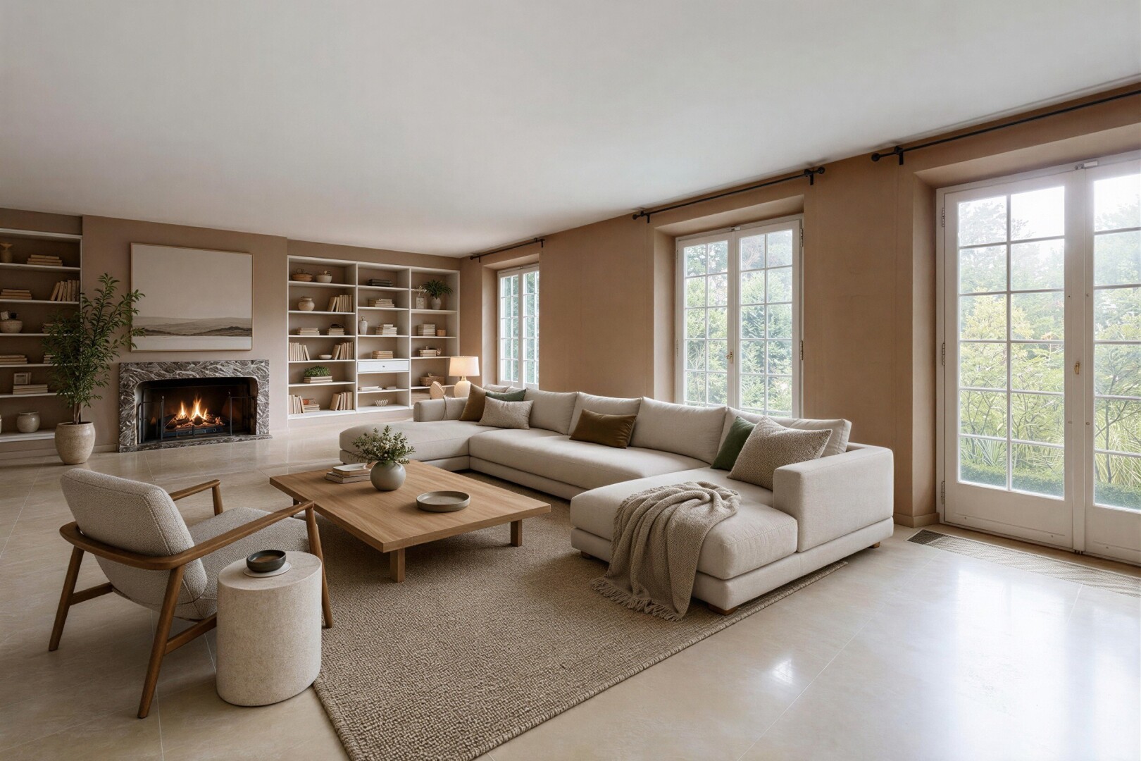 leerer raum mit inside property, eingebaute regale, built in shelves, kamin, und natürliches licht