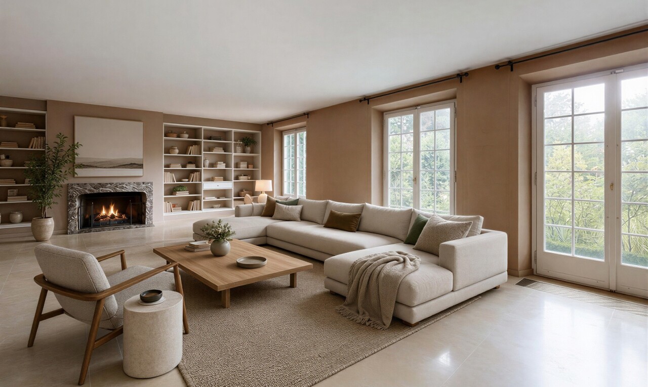 leerer raum mit inside property, eingebaute regale, built in shelves, kamin, und natürliches licht