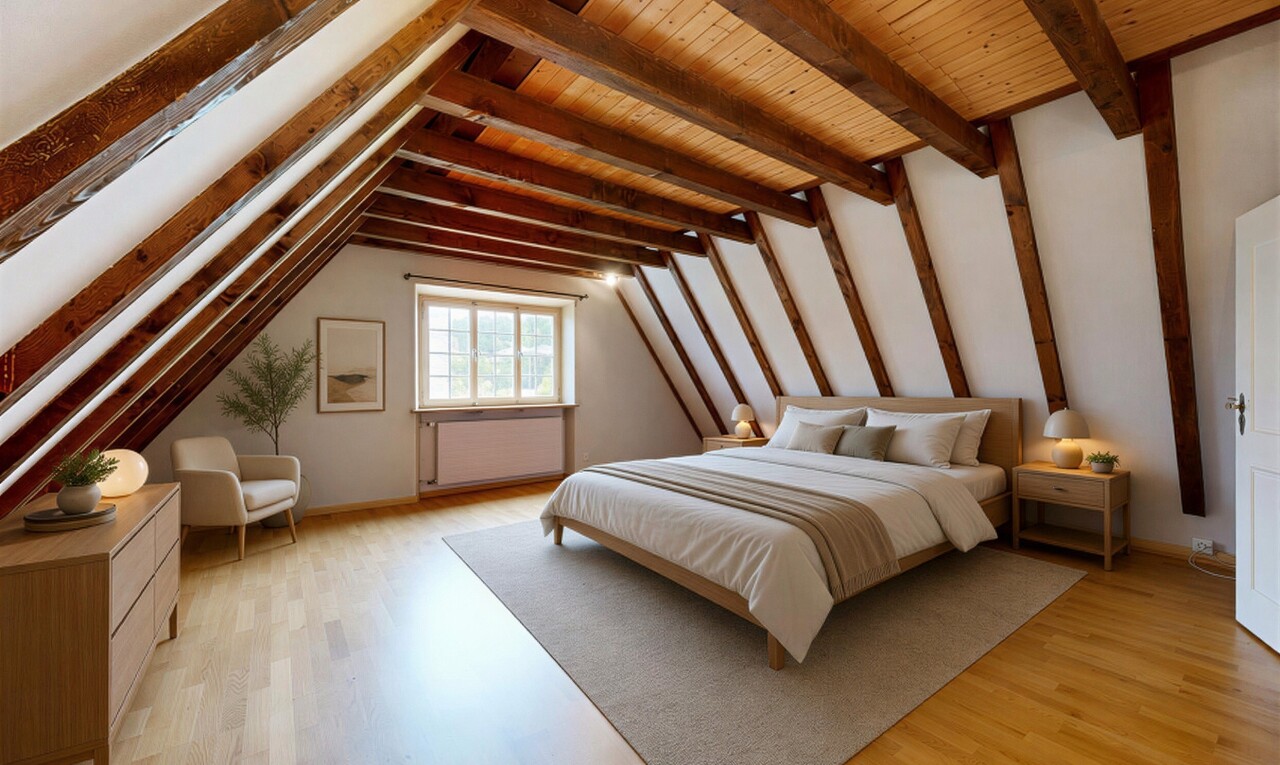 leerer raum mit balkendecke, beamed ceiling, inside property, natürliches licht, und natural light