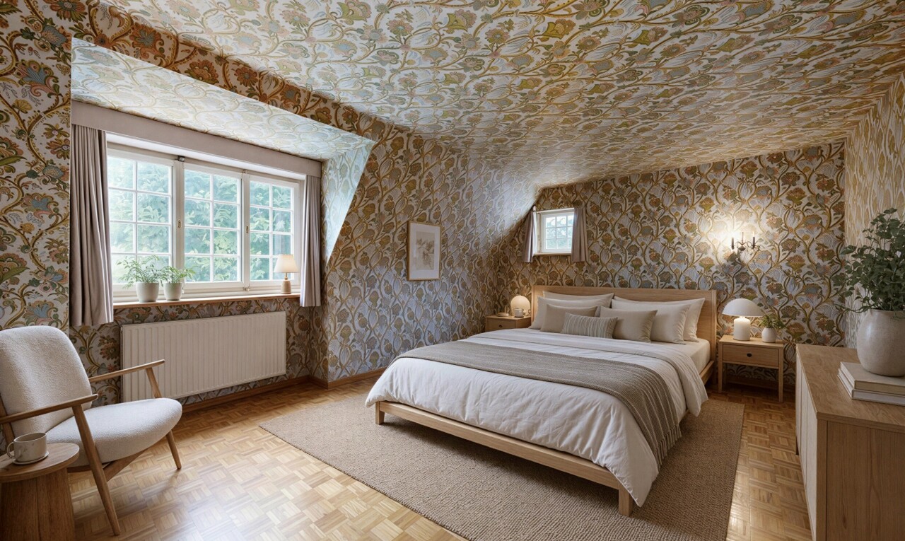 leerer raum mit tapetenwand, wallpaper wall, parquet floor, natürliches licht, und natural light