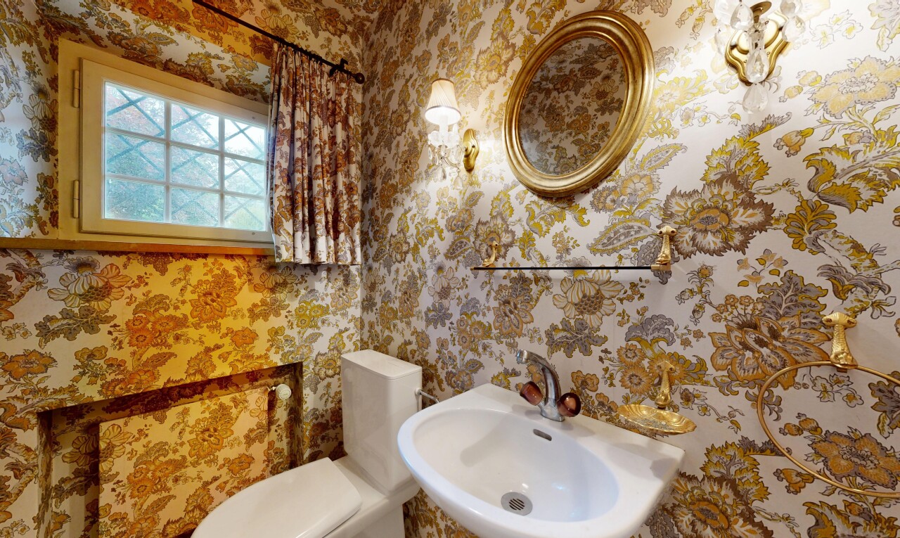 bad mit gäste-wc, spiegel, toilette, waschbecken, und inside property